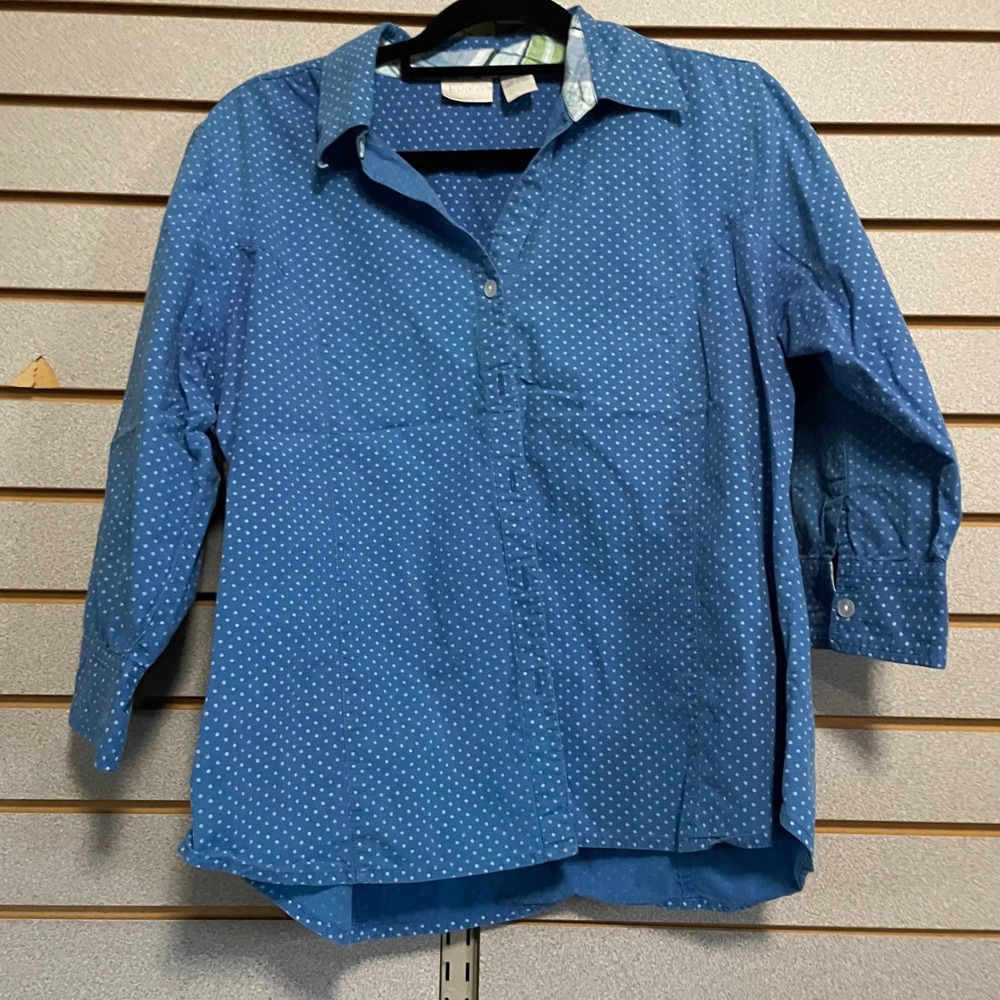 Erika Women's‎ L Blue Polka Dot 3/4 Sleeve Button Down Shirt Casual Top